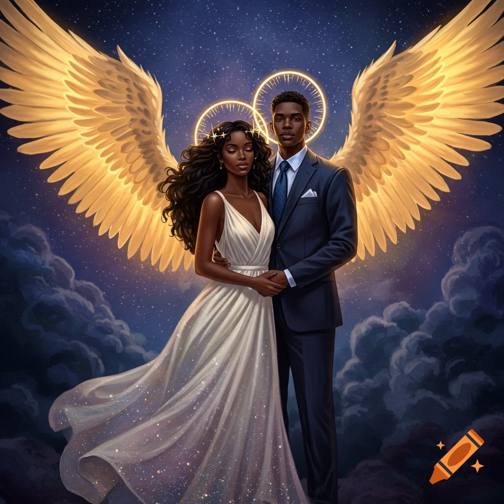 A Black man and woman, depicted as angels with golden wings and halos, stand hand-in-hand against a starry sky with clouds. The woman wears a white flowing gown, and the man a black suit.