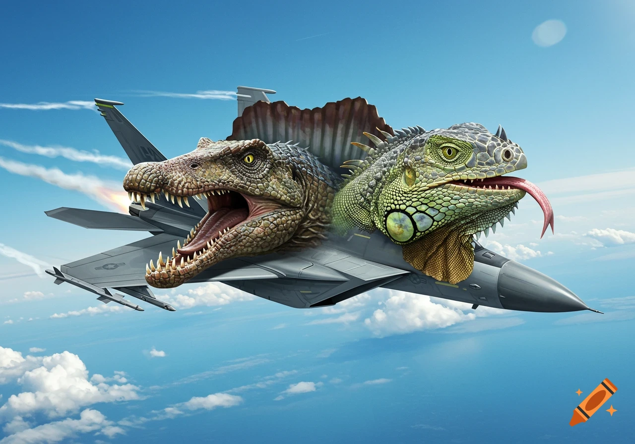 A photorealistic fighter jet with the snarling head of a Spinosaurus merged into the front and a green iguana head with a long tongue on the fuselage, flying in a blue sky.