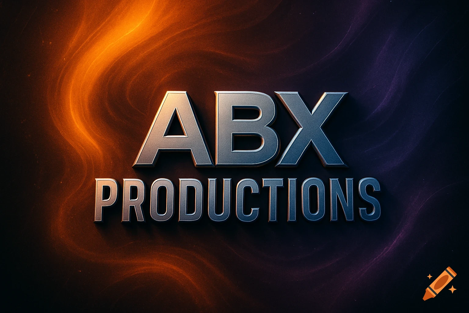 Metallic 3D text logo 'ABX PRODUCTIONS' against a swirling orange and purple background.