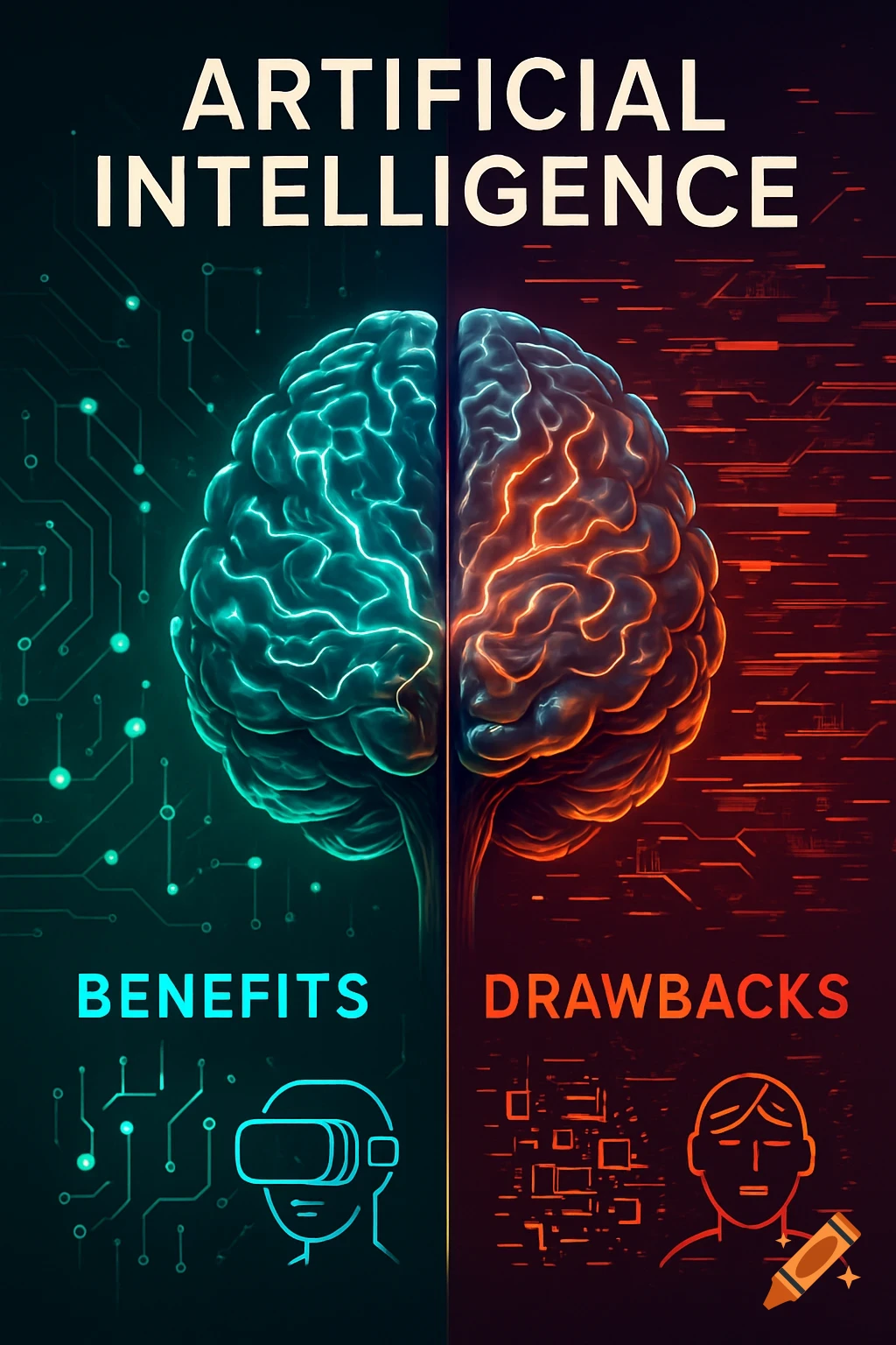 Digital poster showing a human brain split into glowing blue and orange halves, representing AI benefits and drawbacks, with icons for VR and distress, and circuit patterns. Text: ARTIFICIAL INTELLIGENCE, BENEFITS, DRAWBACKS.