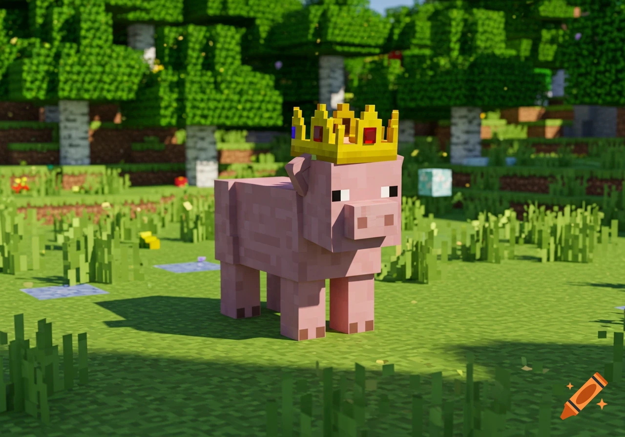 A blocky pink pig wearing a golden crown stands in a vibrant green Minecraft-style field with trees.