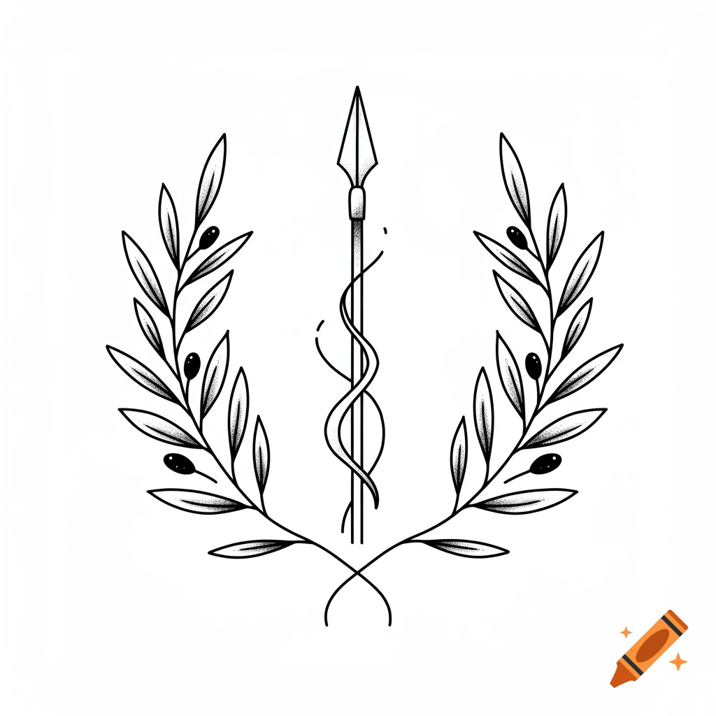 Minimalist black and white illustration of a Greek spear flanked by two olive branches forming a wreath.