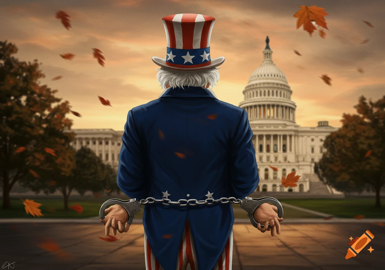 Rear view of Uncle Sam in handcuffs facing the US Capitol building under an autumn sky with falling leaves.