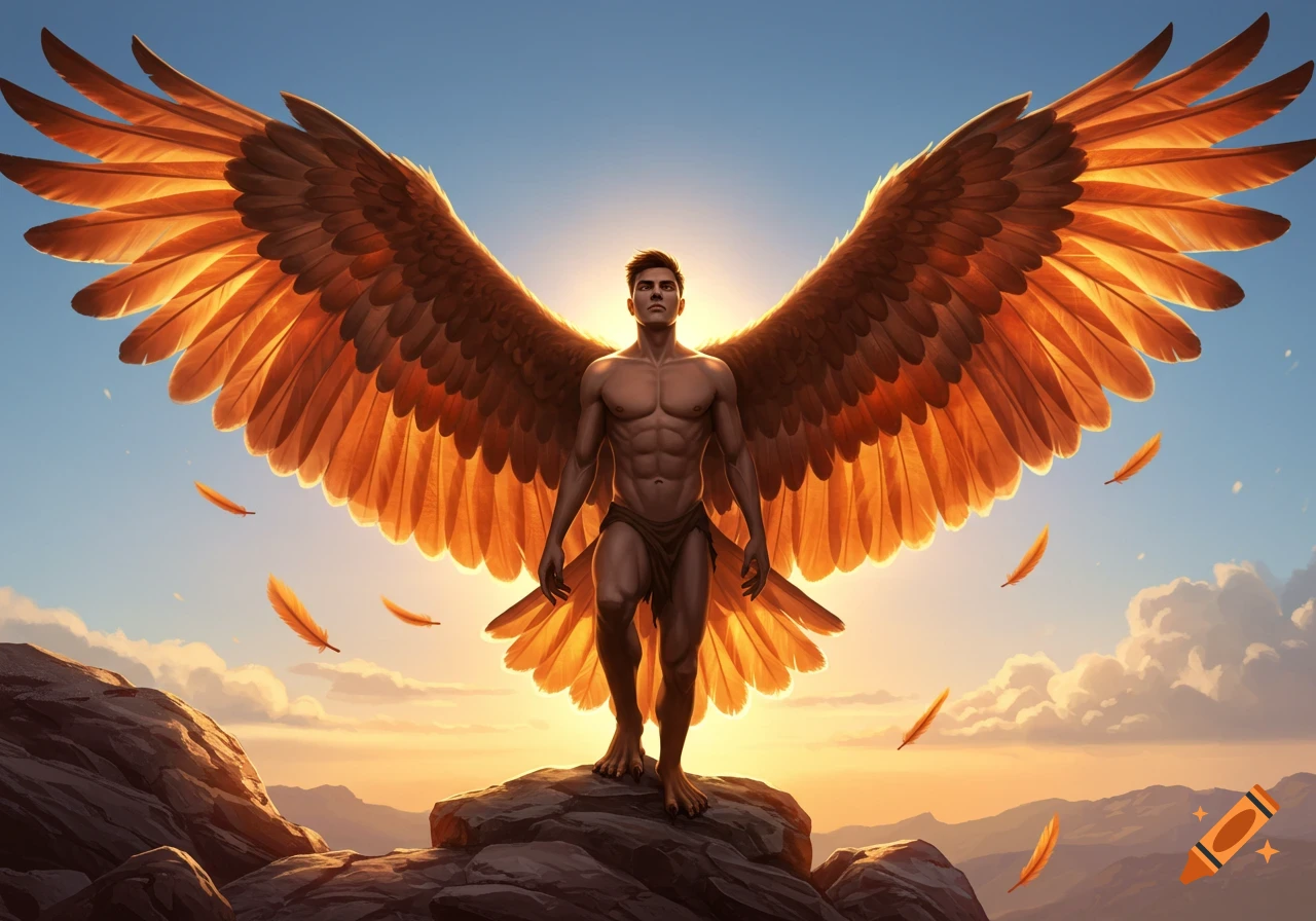A muscular man with large golden wings stands on a rocky mountain at sunrise, with feathers falling.