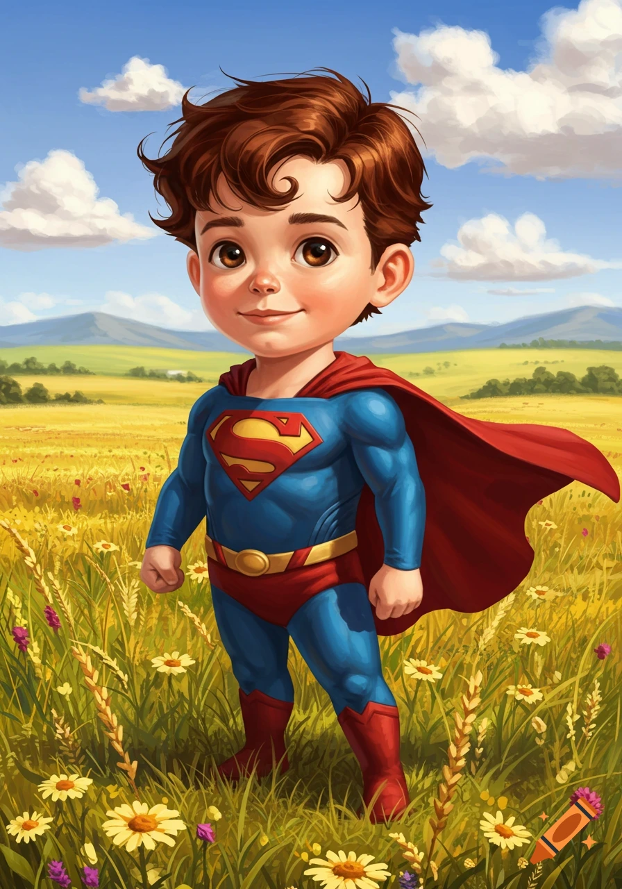 A cute boy dressed as Superman stands in a field of yellow and white flowers under a blue sky.