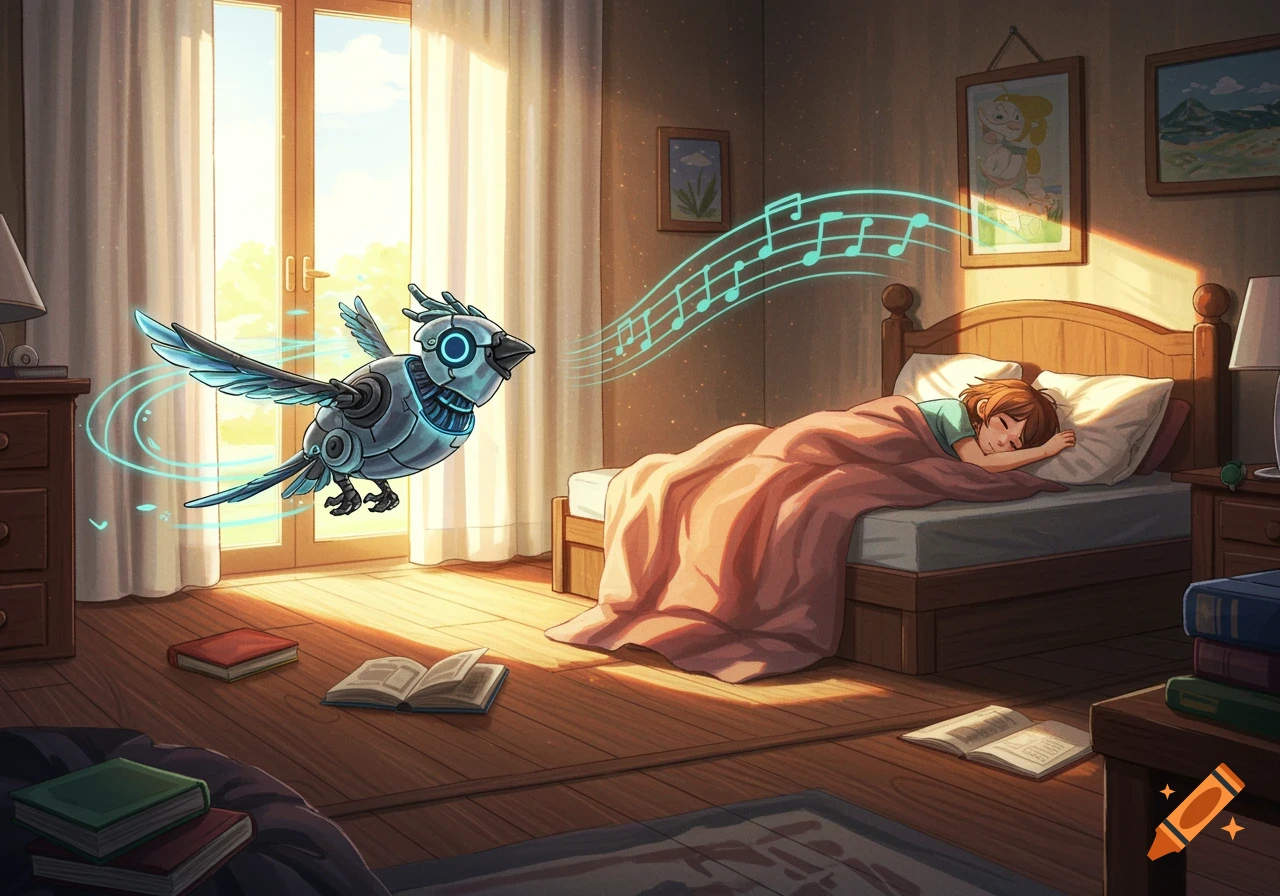 A metallic blue robotic bird floats in a sunlit bedroom, emitting musical notes as a person sleeps in bed in this cartoon illustration.
