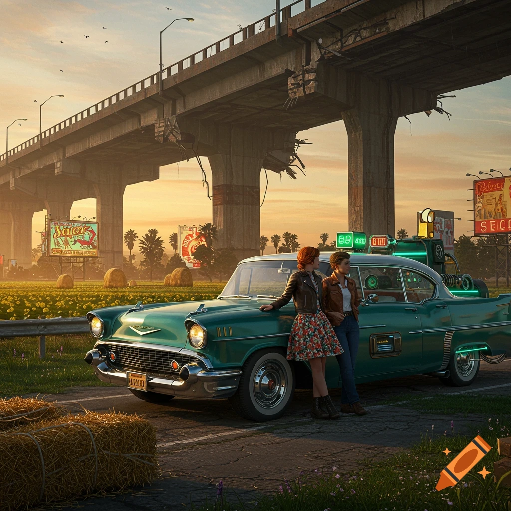 Two women stand beside a green 1957 Chevy with neon accents, parked on a road under a massive, dilapidated bridge at sunset in a retro-futuristic landscape with fields and billboards.