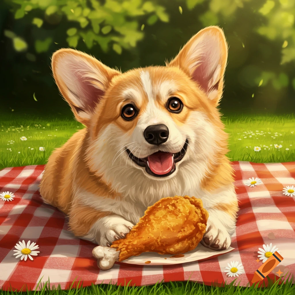 An illustrated Welsh corgi dog lies on a red and white checkered picnic blanket with a piece of fried chicken in a grassy park.