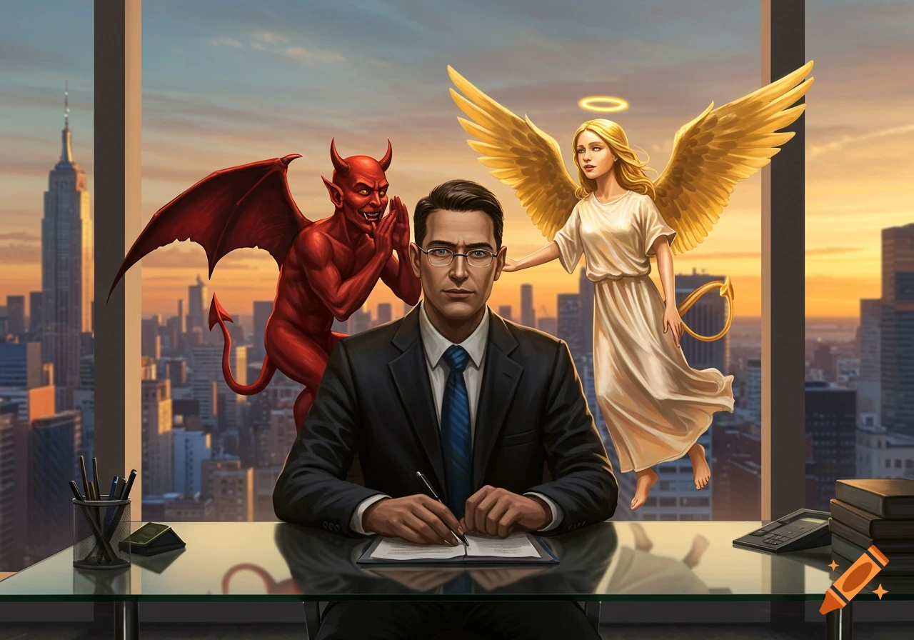 A man in a suit sits at a desk, with a red devil on his left shoulder and a white angel on his right, against a city skyline at sunset. He is signing a document.