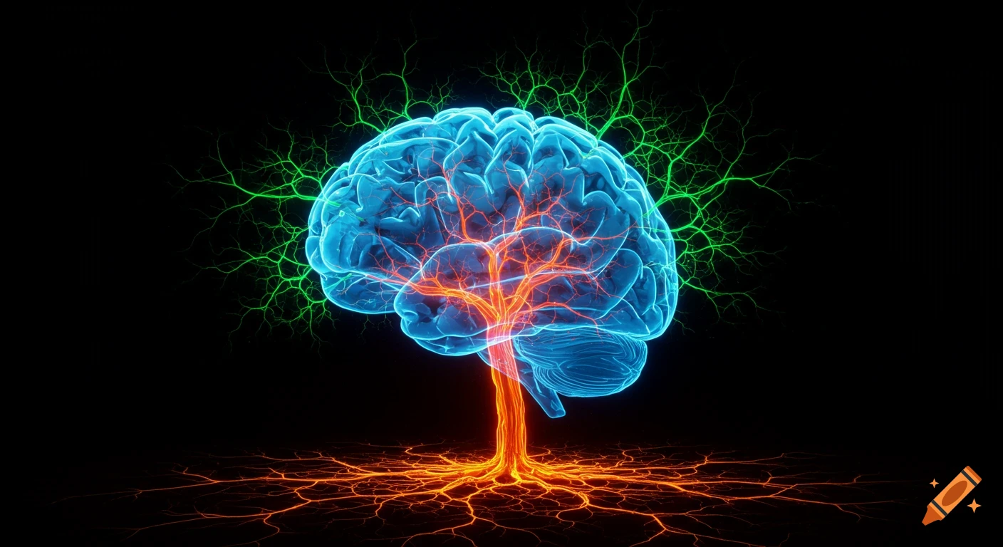 A glowing blue brain forms the top of a tree with neon green branches and orange roots against a black background.