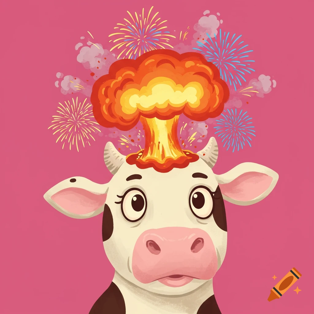 A cartoon cow face with a bright orange explosion and colorful fireworks erupting from the top of its head against a pink background.