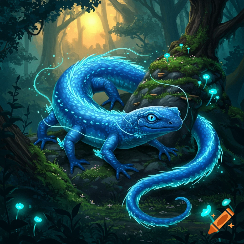 A vibrant blue glowing salamander-like creature sits on mossy rocks in a dark, magical forest with glowing plants.