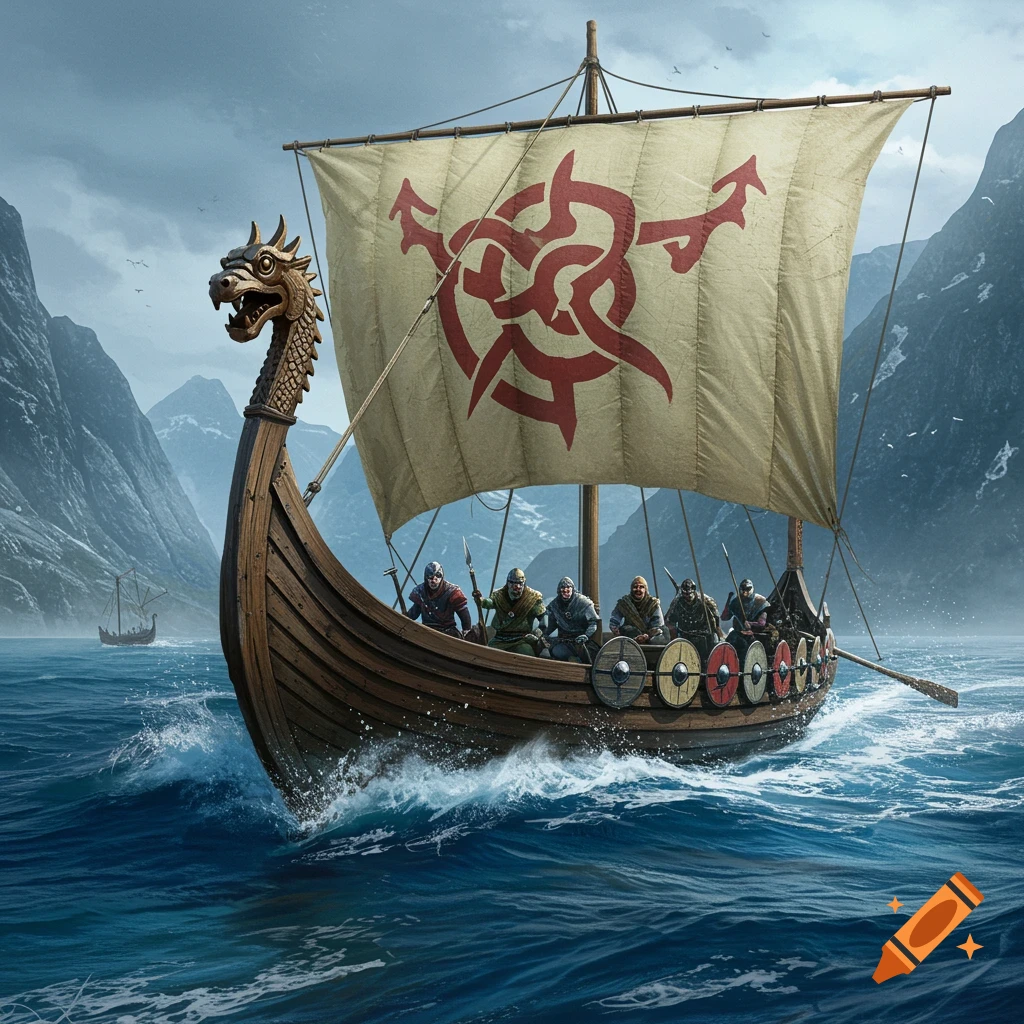 A Viking longship with warriors sails through choppy waters, surrounded by towering, snow-capped mountains under a cloudy sky.