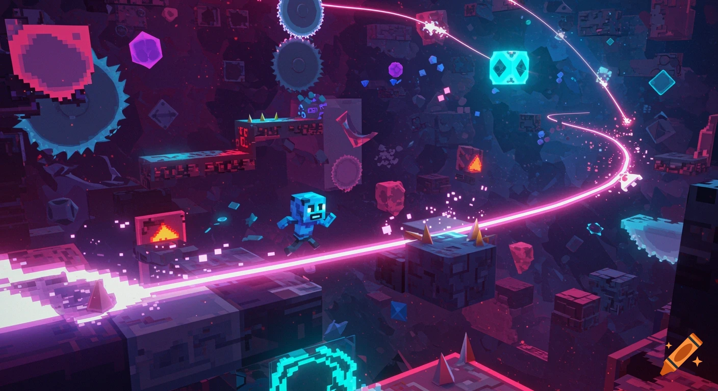 A pixelated blue character runs along a neon pink path through a dark, abstract video game world with geometric platforms and obstacles.