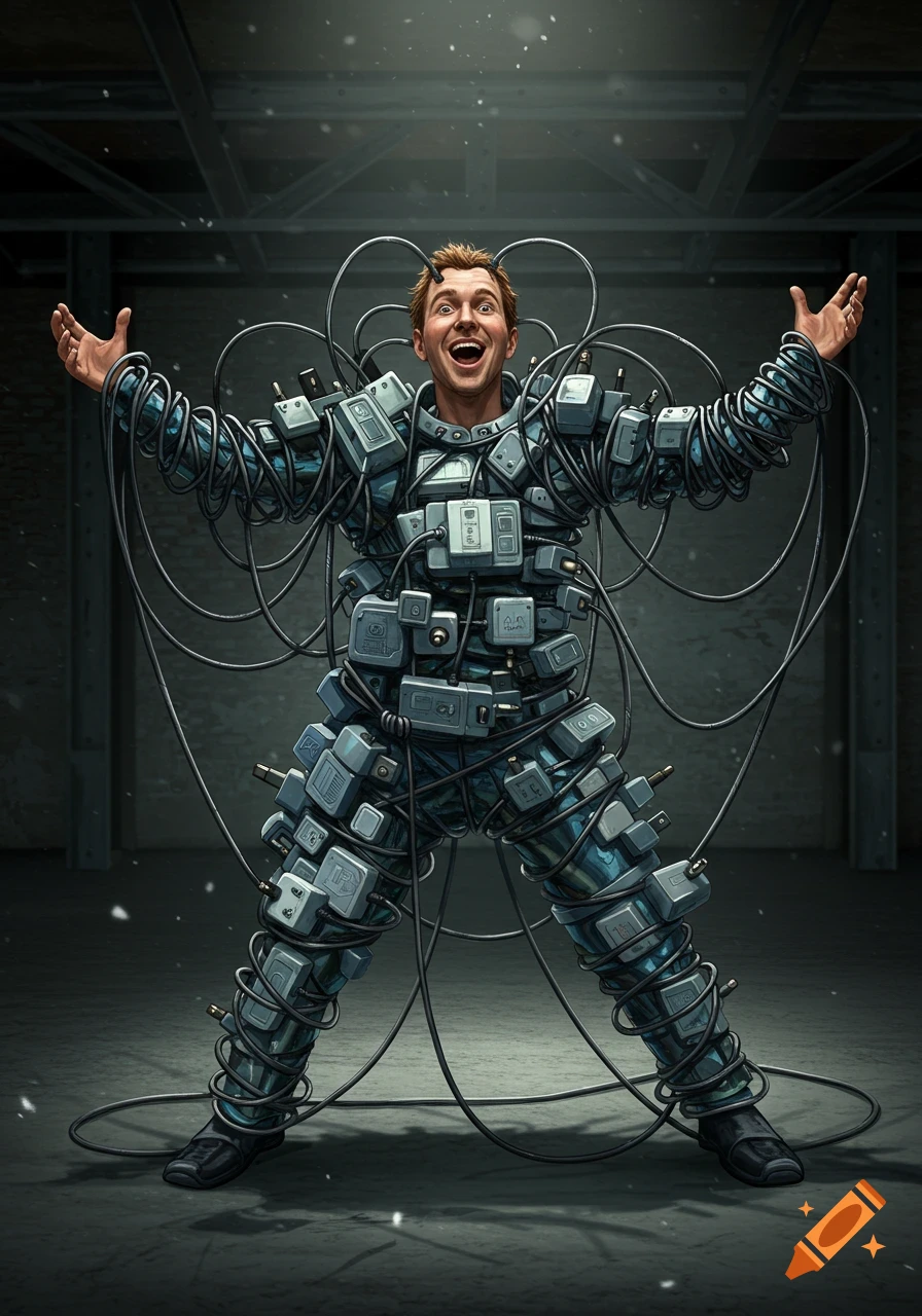 A man enthusiastically wears a costume made of numerous tangled power adapters and electrical wires.