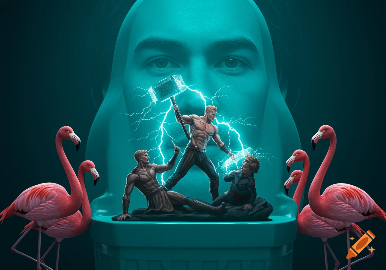 A superhero-like figure with a lightning hammer battles two others on a teal pedestal, flanked by pink flamingos, set against a large, teal face in a pop art style.