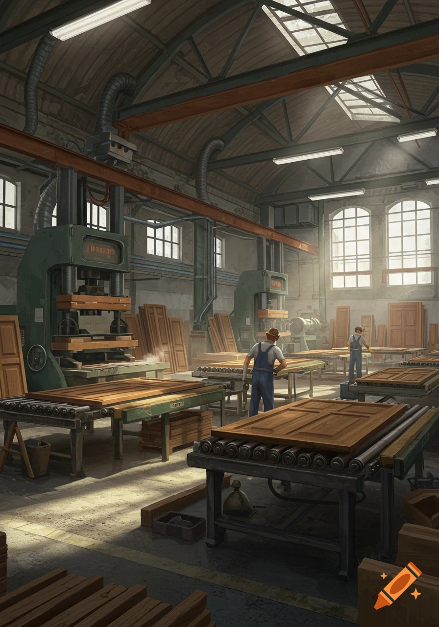 A busy door manufacturing plant with workers operating large machinery and conveyor belts, sunlight streaming through high windows.