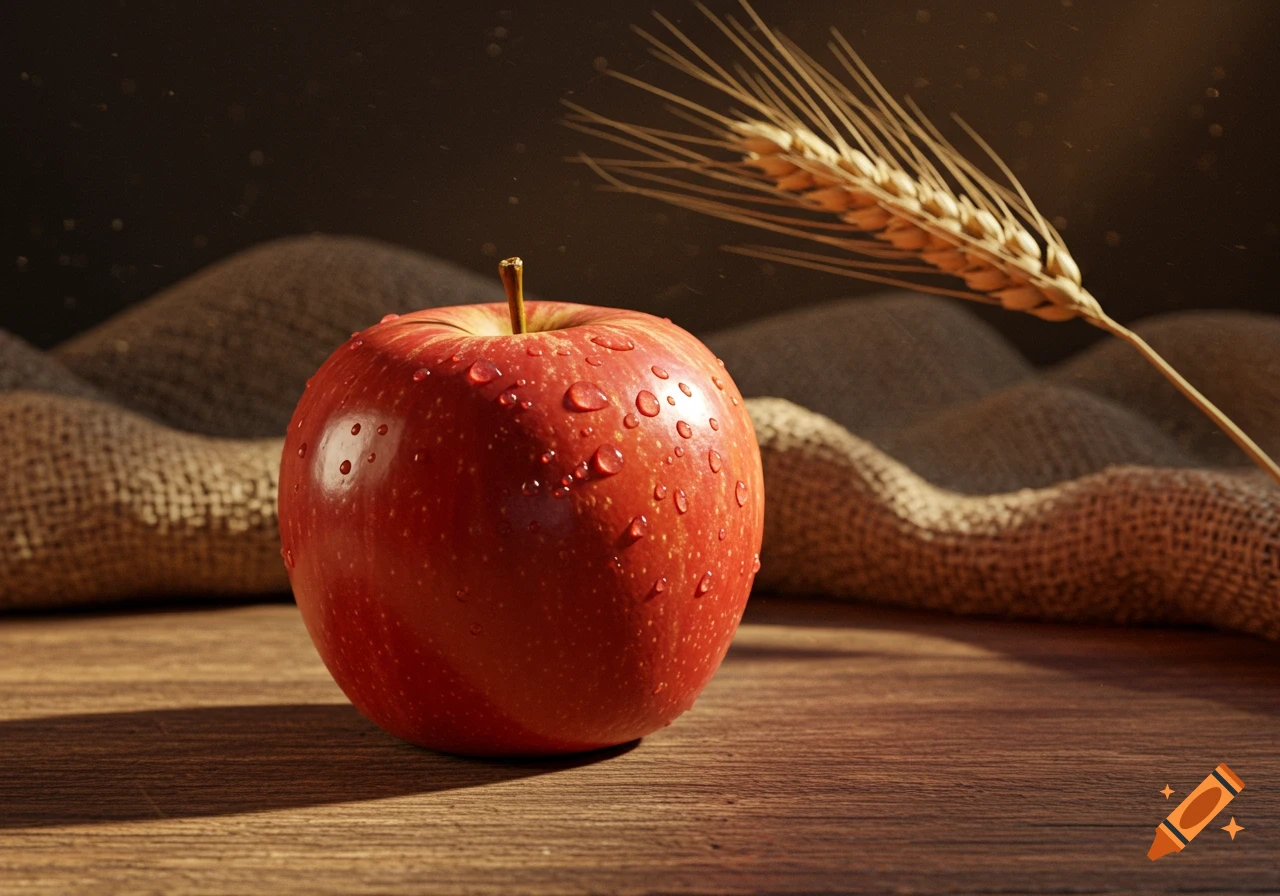 A vibrant red apple with water droplets sits on a dark wooden surface next to a stalk of wheat, with a textured background.