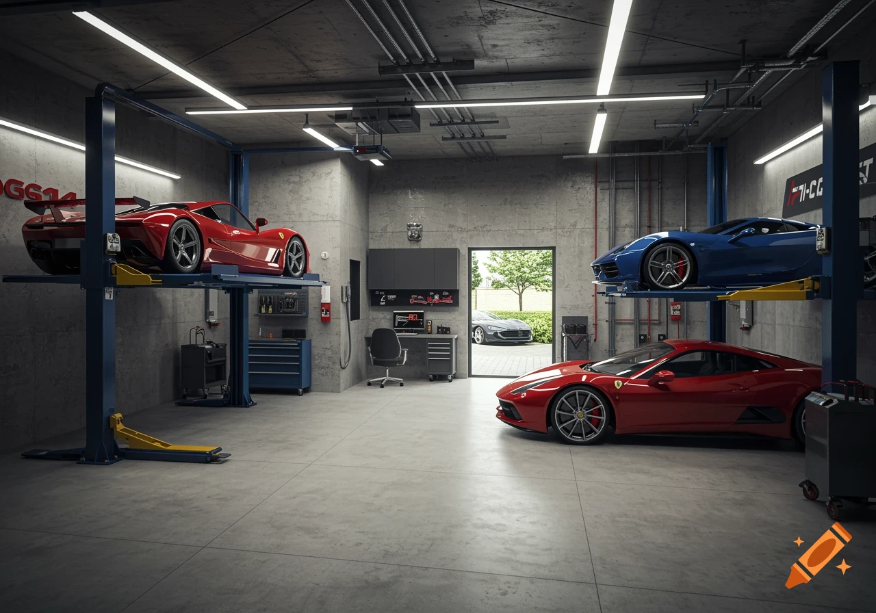 Photorealistic image of a modern two-car garage with two red sports cars on lifts, a blue sports car on a lift, and an office area with a desktop setup.