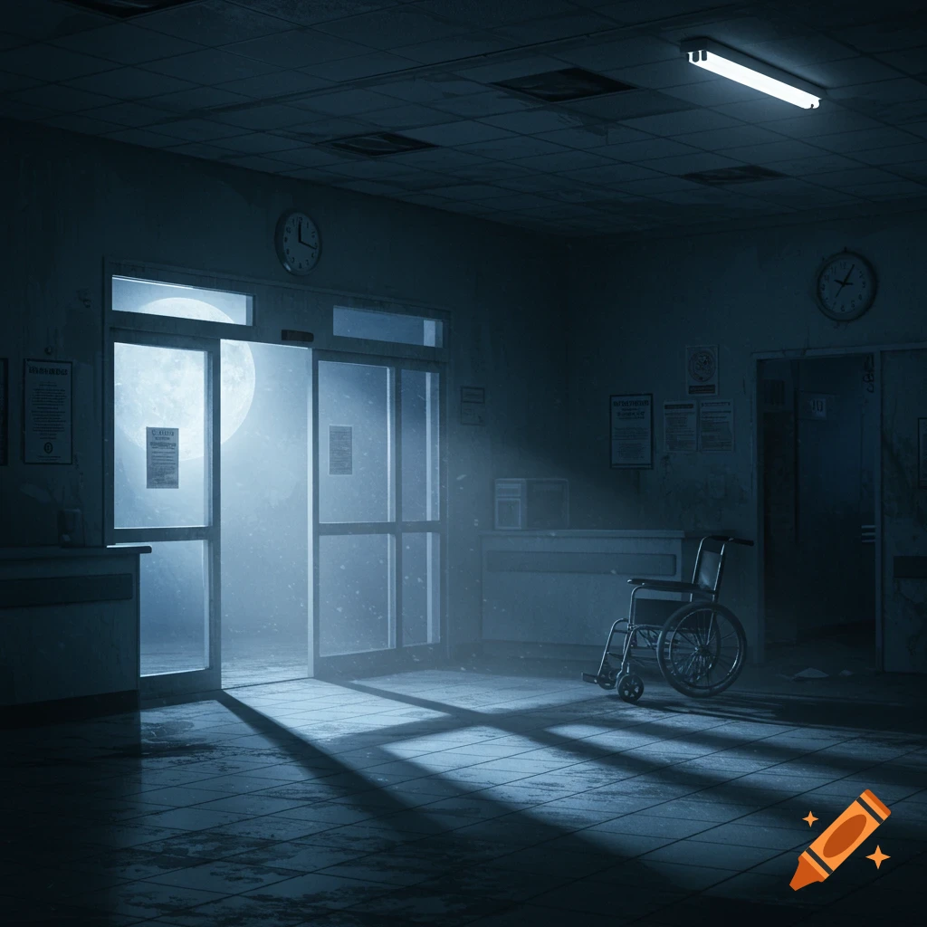 An empty, dark hospital hallway at night, with a full moon visible through glass entrance doors and a wheelchair parked in a shaft of moonlight.