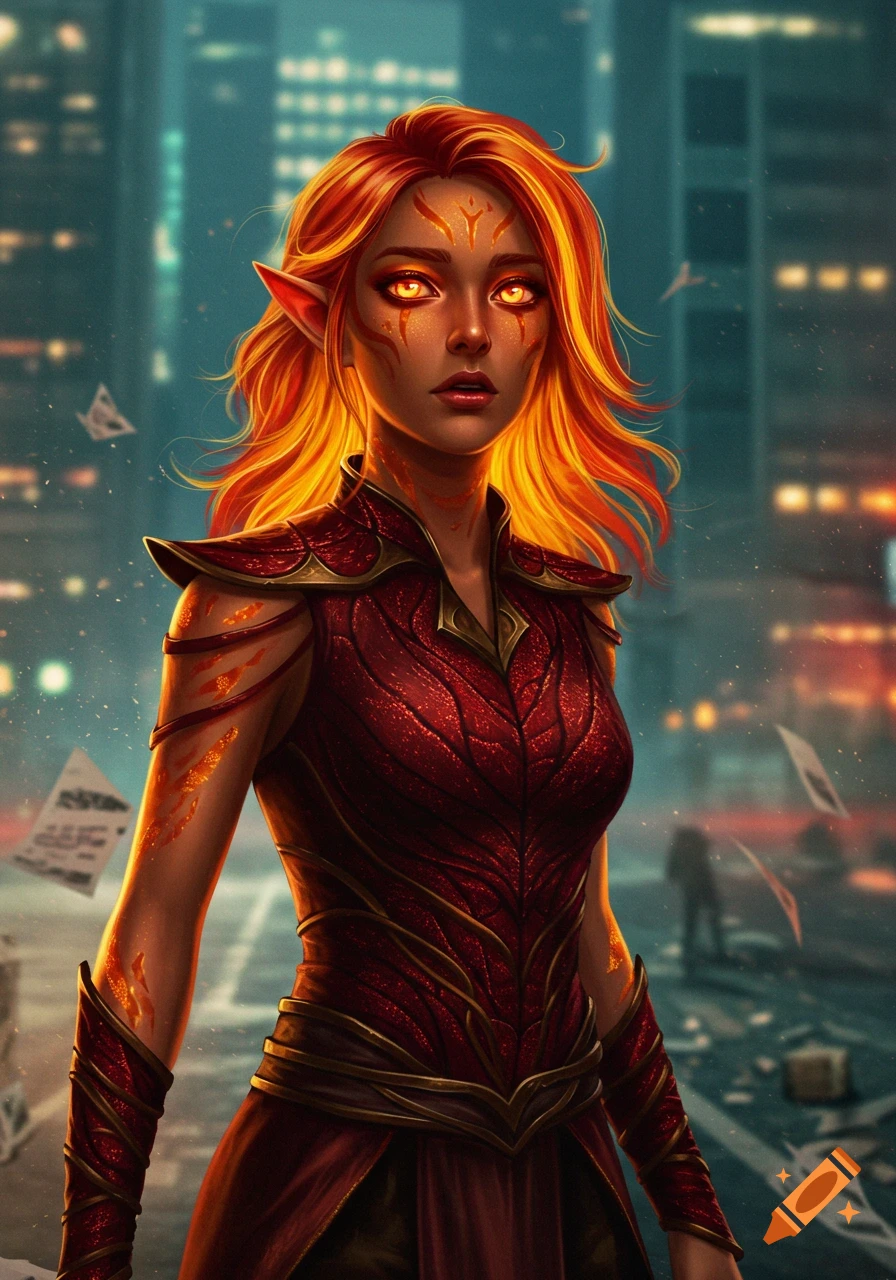 A striking fantasy portrait of an elf-like woman with glowing orange eyes and fiery orange hair, wearing a detailed red and gold outfit, against a blurred cityscape background.
