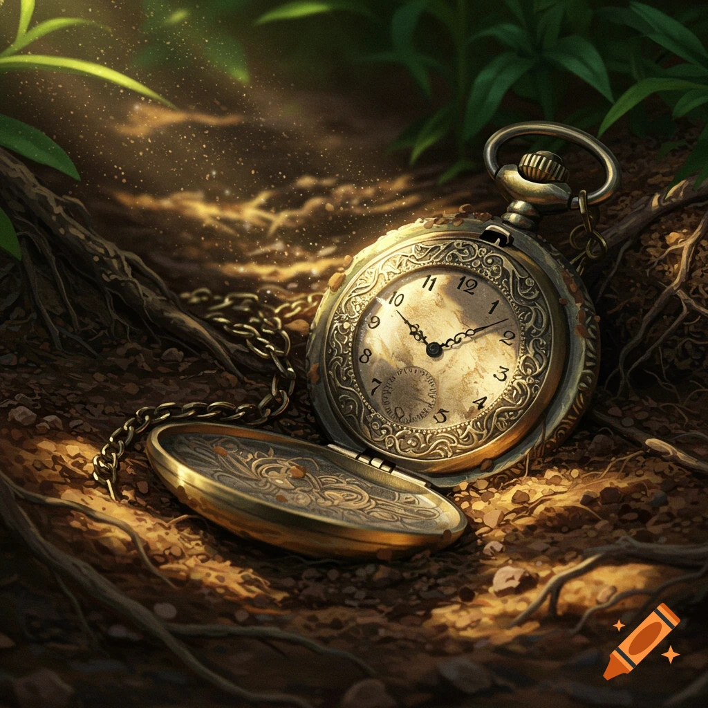 A vintage pocket watch with an open lid lies on sunlit dirt among roots and leaves, with glowing particles in a forest setting.