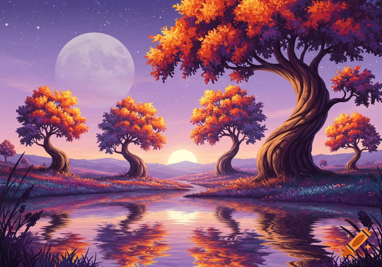 A vibrant, surreal landscape with orange-leaved trees, a large moon, and a setting sun reflected in water under a starry sky.