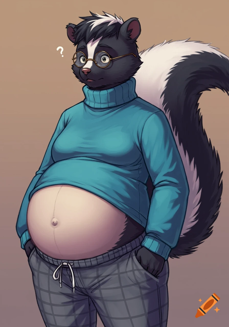 Anthro skunk in a blue turtleneck and plaid pants, with a pregnant belly, looking confused.