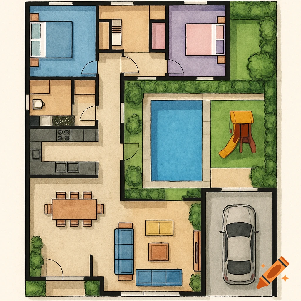 Colorful architectural floor plan of a modern house ground floor with bedrooms, kitchen, living/dining, pool, and playground.
