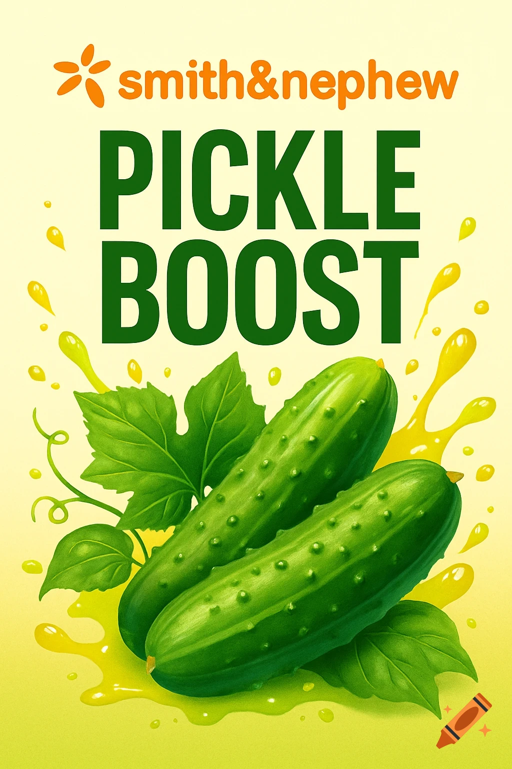 Two cucumbers and green leaves with yellow liquid splashes on a light green and yellow background, with text saying 'smith&nephew PICKLE BOOST'.