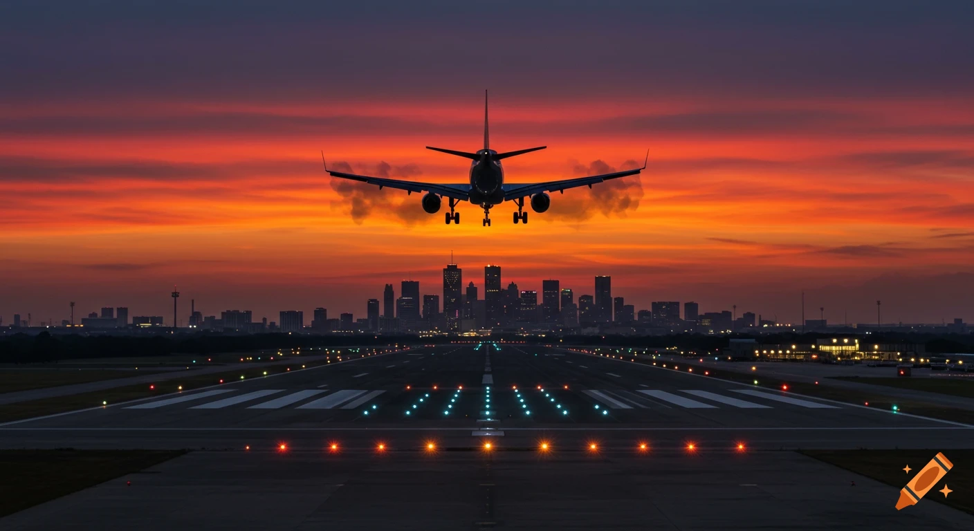 A photorealistic image of an airplane landing on a runway at sunset, with a city skyline in the background.