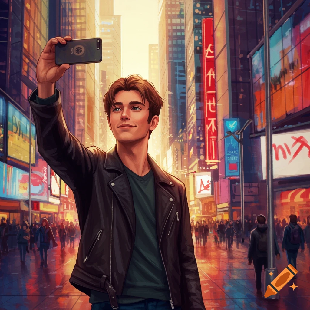 A stylized illustration of a young man in a leather jacket taking a selfie on a vibrant city street bustling with people and tall buildings.