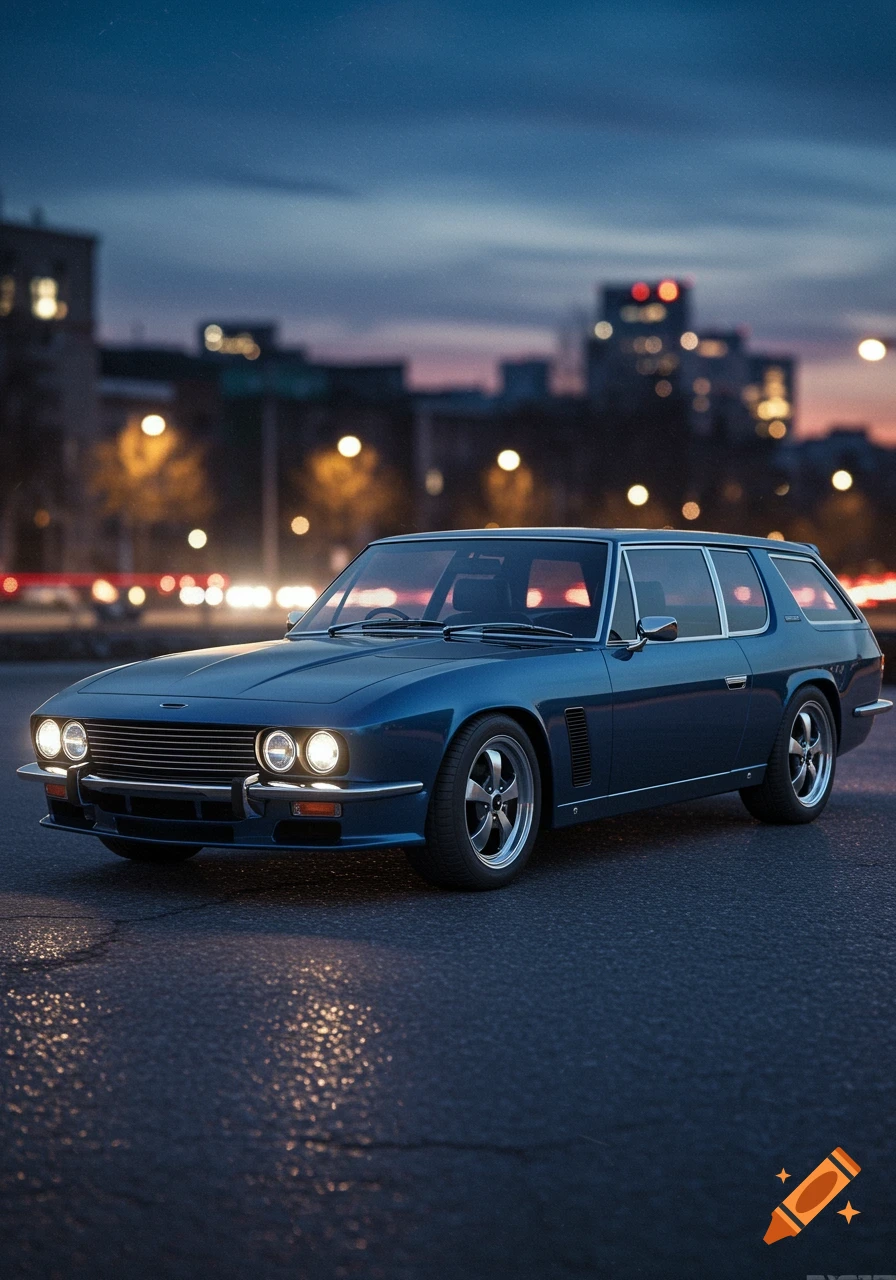 A blue Jensen Interceptor shooting brake parked on a wet city street at dusk.