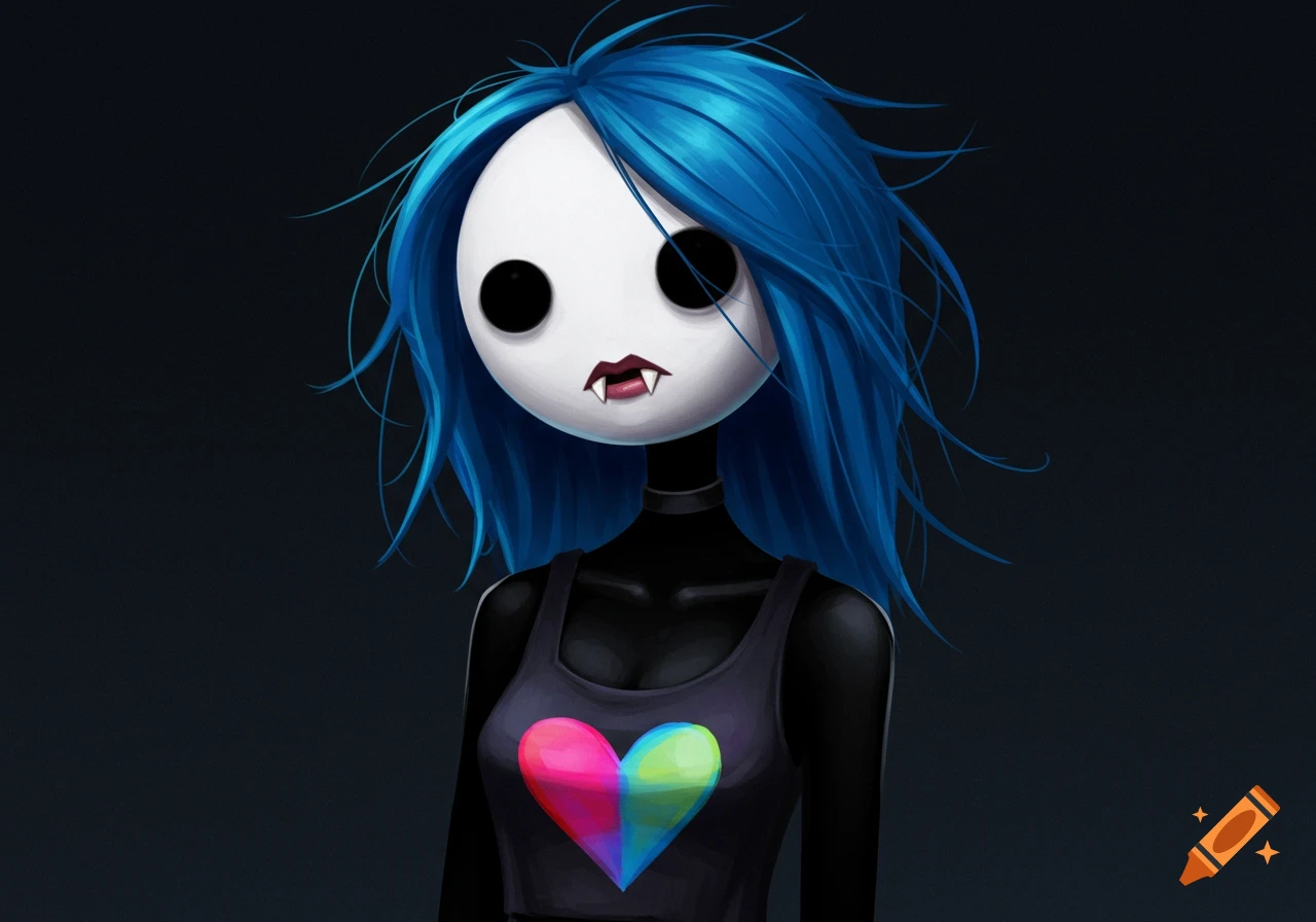 A stylized character with a white spherical head, black eyes, fangs, messy blue hair, and a black tank top with a colorful heart.