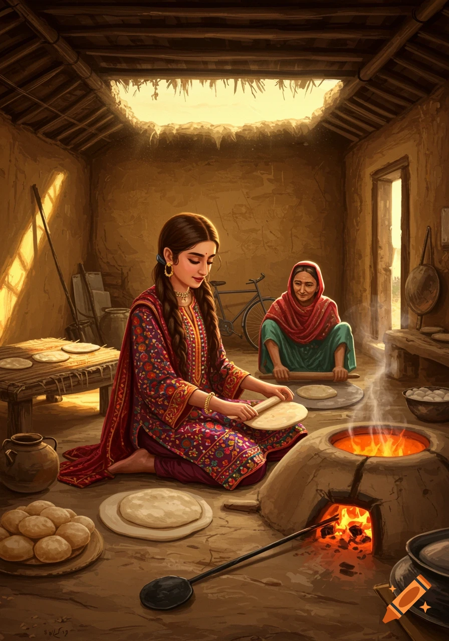 Two women prepare flatbread in a traditional mud house with a tandoor oven; one rolls dough while the other cooks.