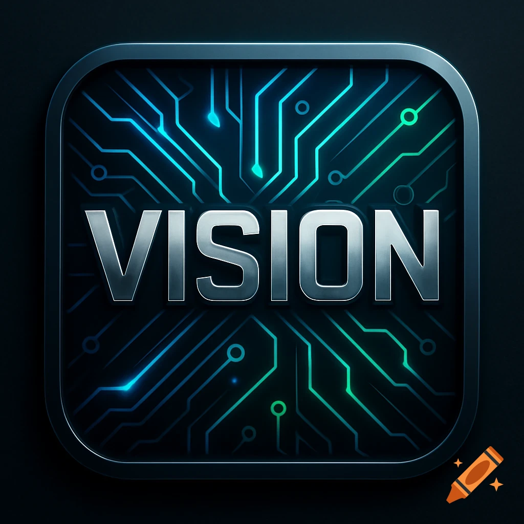 A stylized gaming icon with the word 'VISION' in metallic letters over a glowing blue and green circuit board pattern.