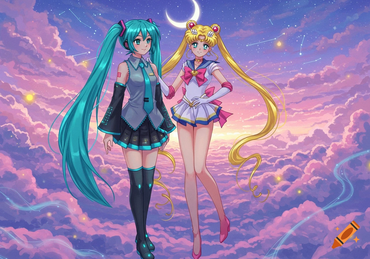 Hatsune Miku and Sailor Moon float together in a vibrant, dreamy sky with pink and purple clouds, stars, and a crescent moon.