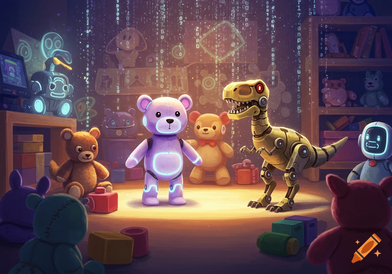 A vibrant playroom scene with a glowing purple robot teddy bear, a mechanical dinosaur, and other plush toys, set against a background of falling digital code.