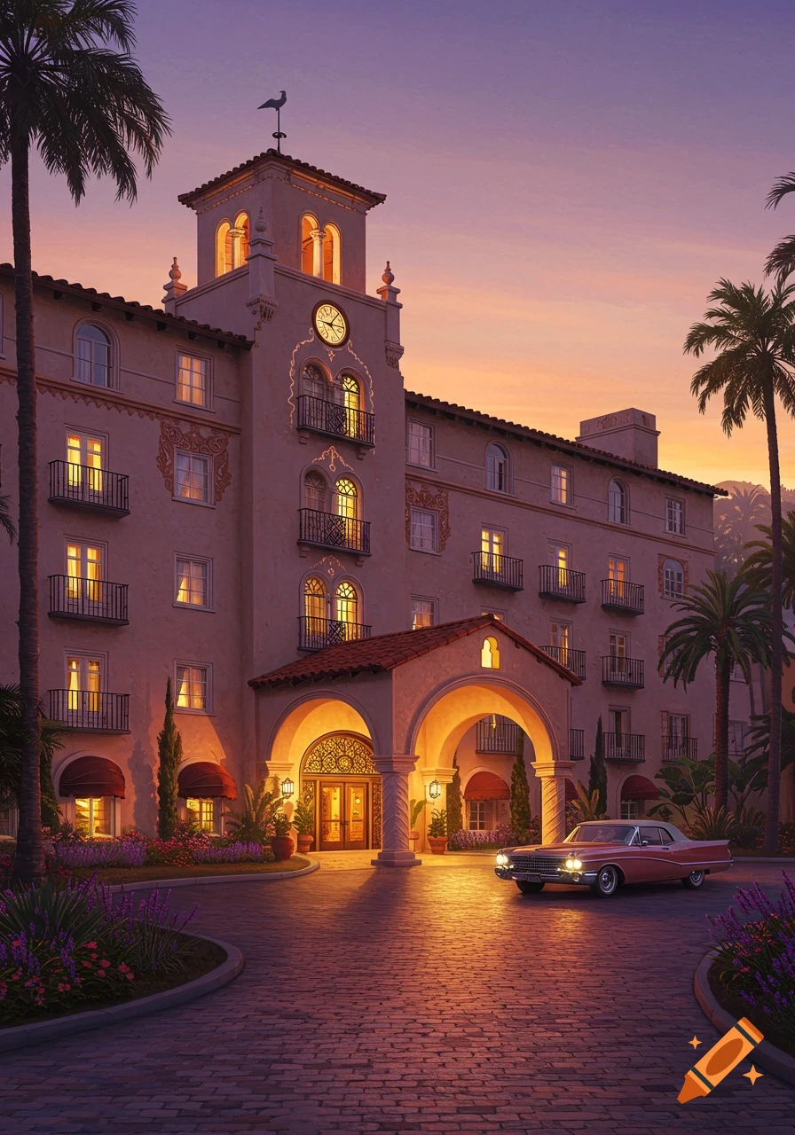 A grand hotel with ornate architecture, lit warmly at sunset, with palm trees and a classic car in the driveway.