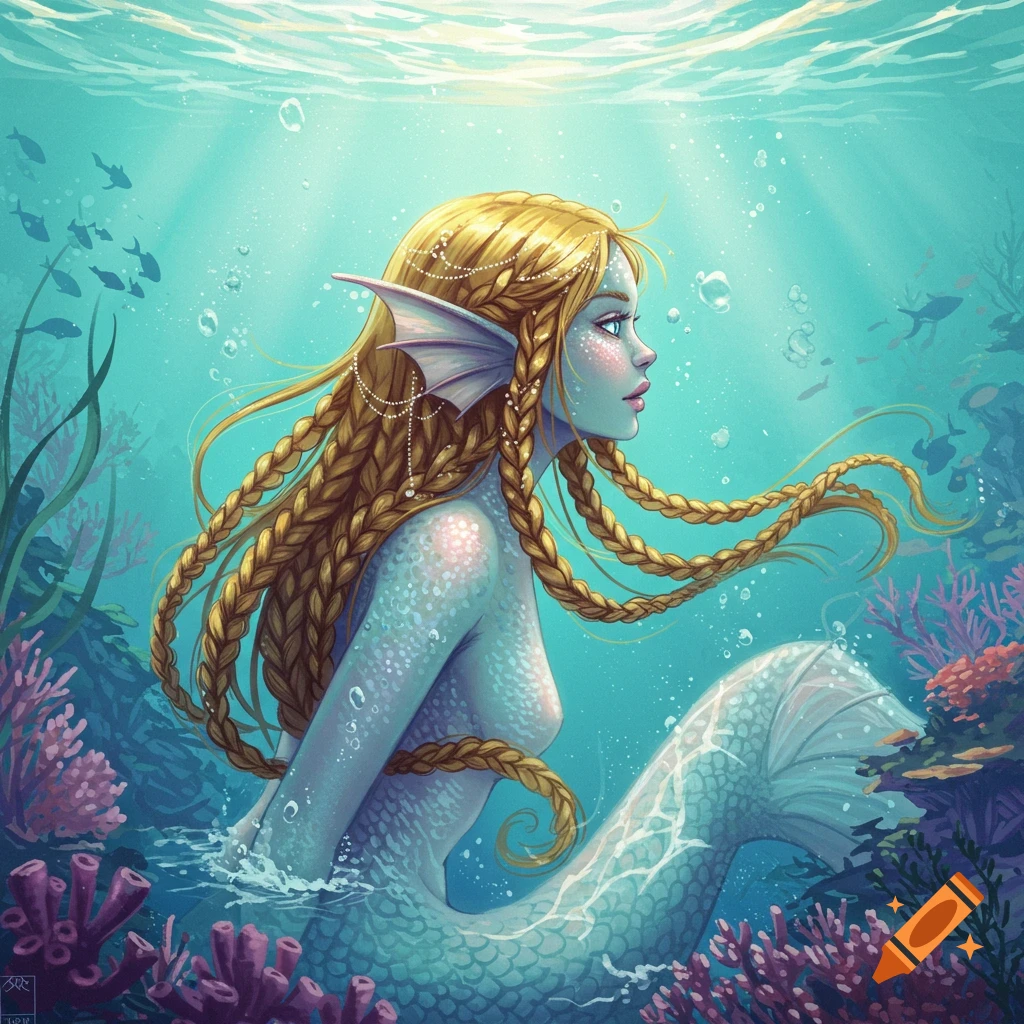 A beautiful mermaid with long blonde braids and a blue-green tail swims among colorful coral and fish in clear ocean water, illuminated by sunlight.