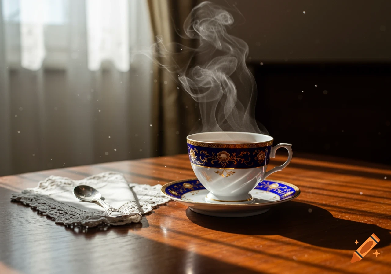 A steaming cup of tea with intricate blue and gold patterns on a wooden table, illuminated by sunlight from a nearby window.