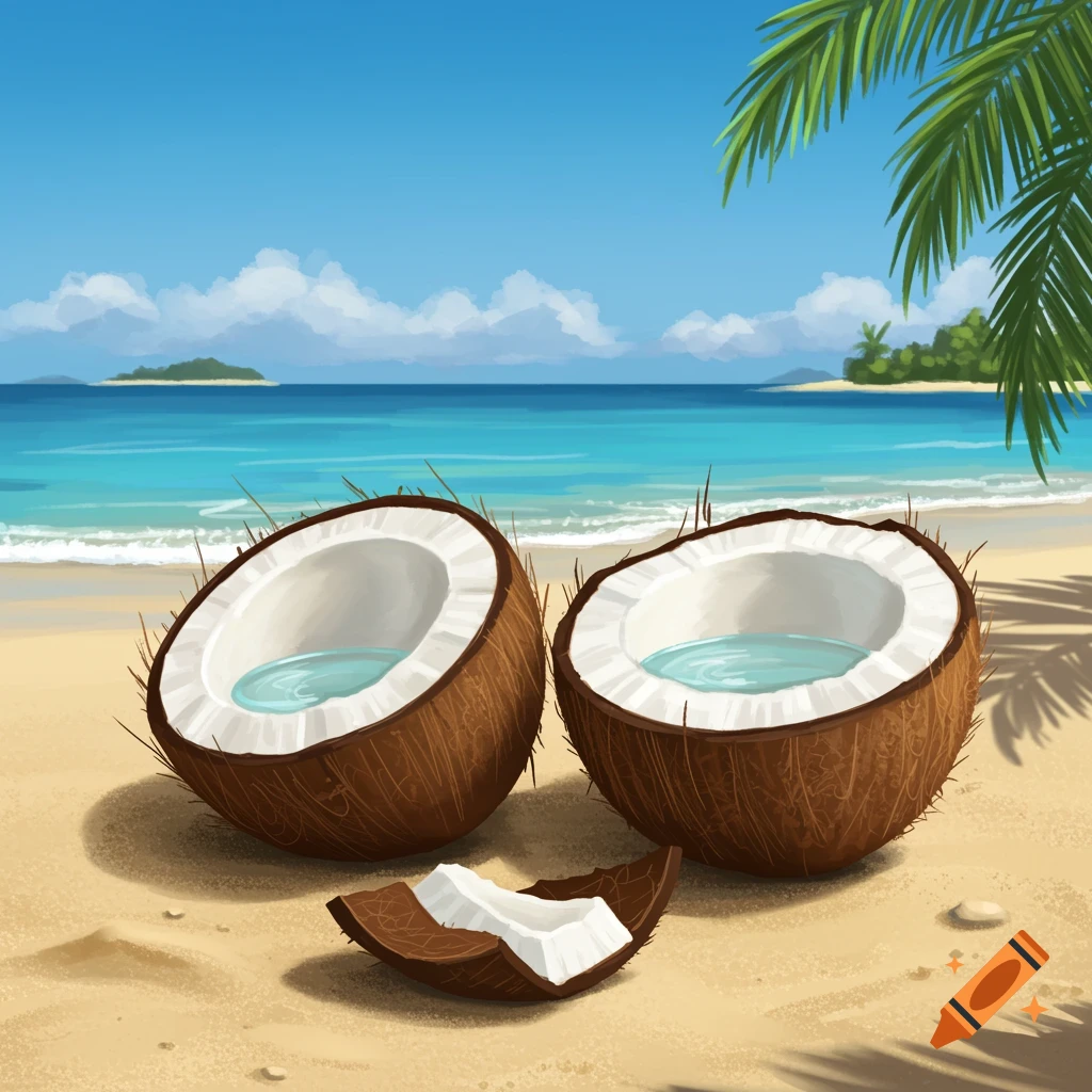 Two split coconuts with clear liquid inside on a sandy beach with blue ocean and islands under a palm tree. Illustrated style.