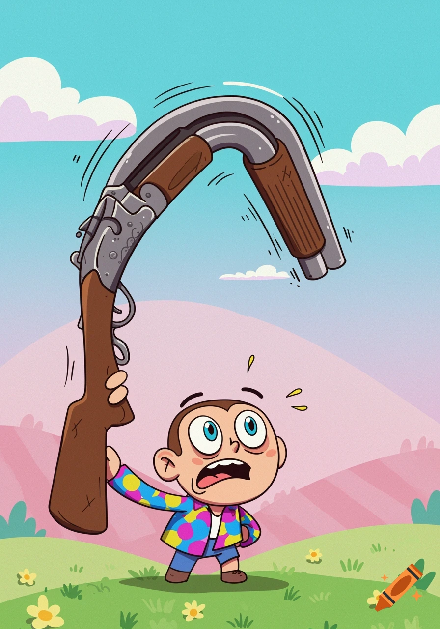 A cartoon character holds a shotgun with a barrel comically bent backwards towards their surprised face in a field.
