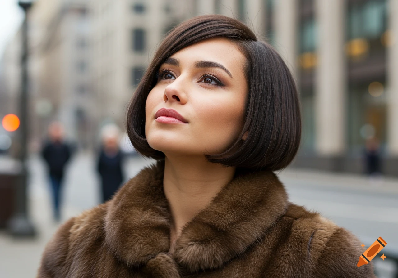 A photorealistic portrait of a woman with a dark bob haircut wearing a brown fur coat, looking up on a city street.