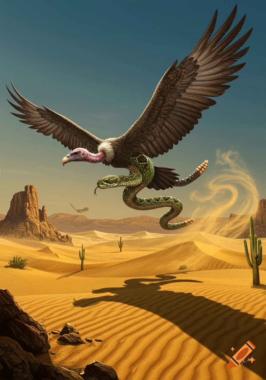 A detailed illustration of a rattlesnake with vulture wings flying over a vast desert landscape with sand dunes, rock formations, and cacti.