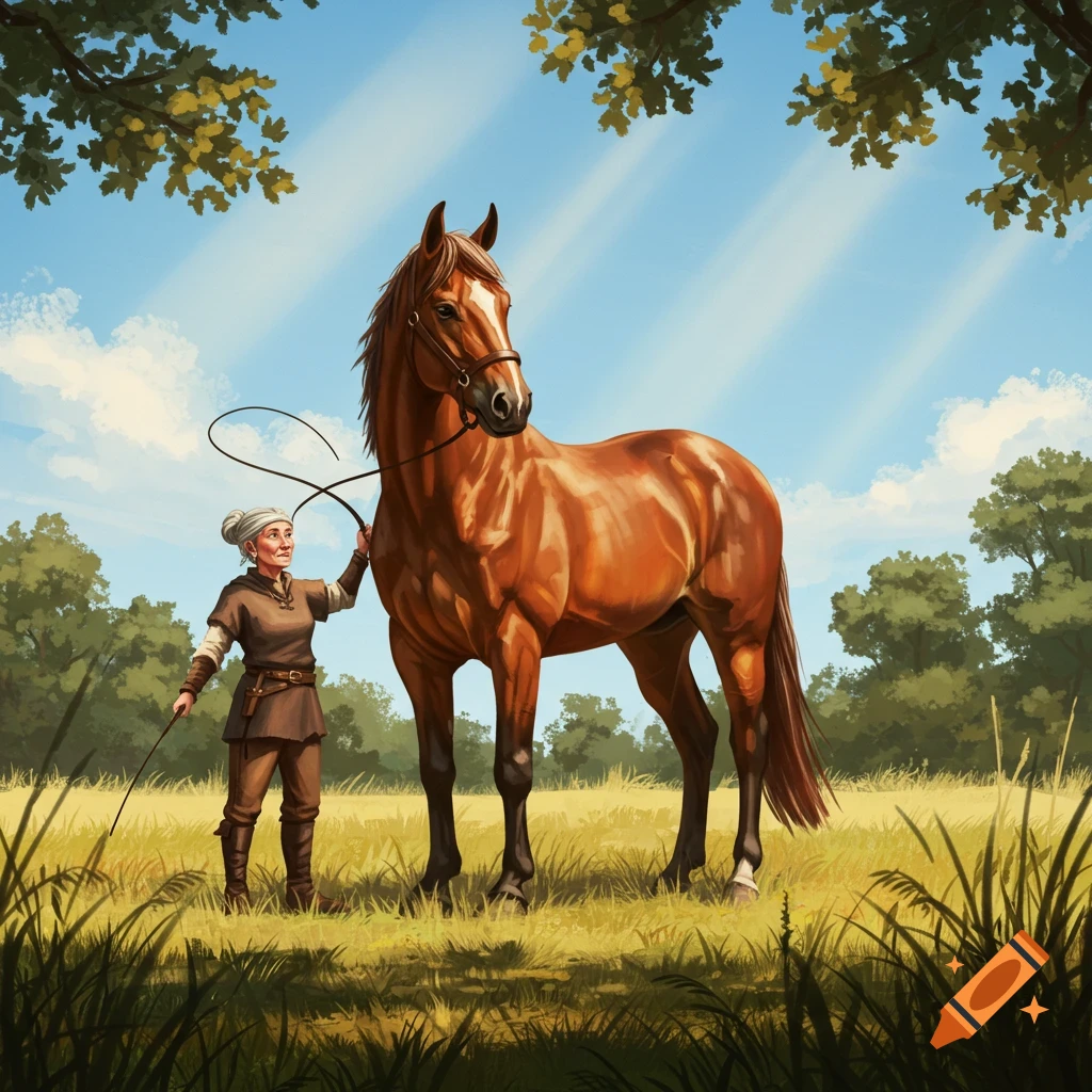 A digital painting shows an old woman in medieval attire training a large brown horse with a whip in a sunny grassy field under a blue sky.