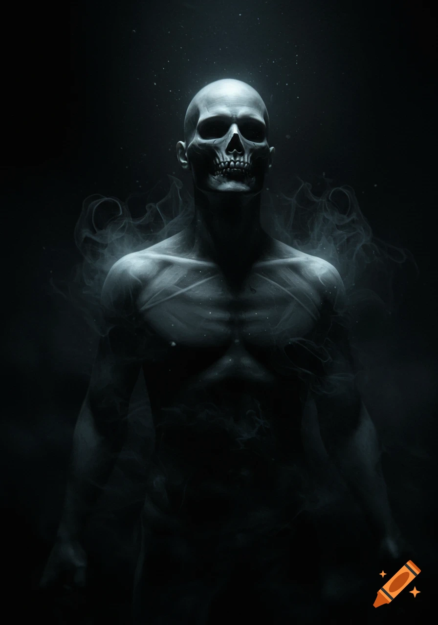 A dark portrait of a skeletal figure with a bare torso emerging from smoke against a black background.