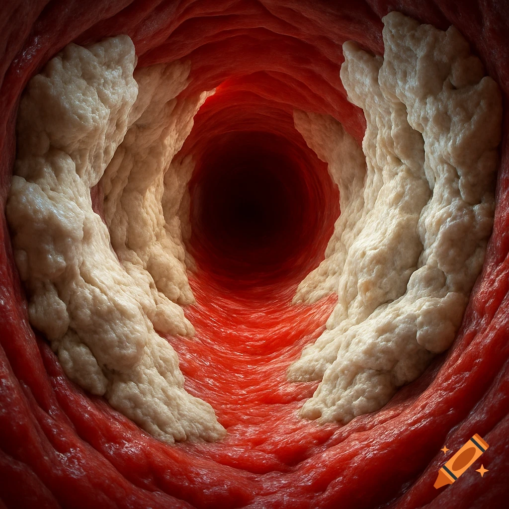 Inside a human artery with a large, white, chalky build-up narrowing the blood vessel.