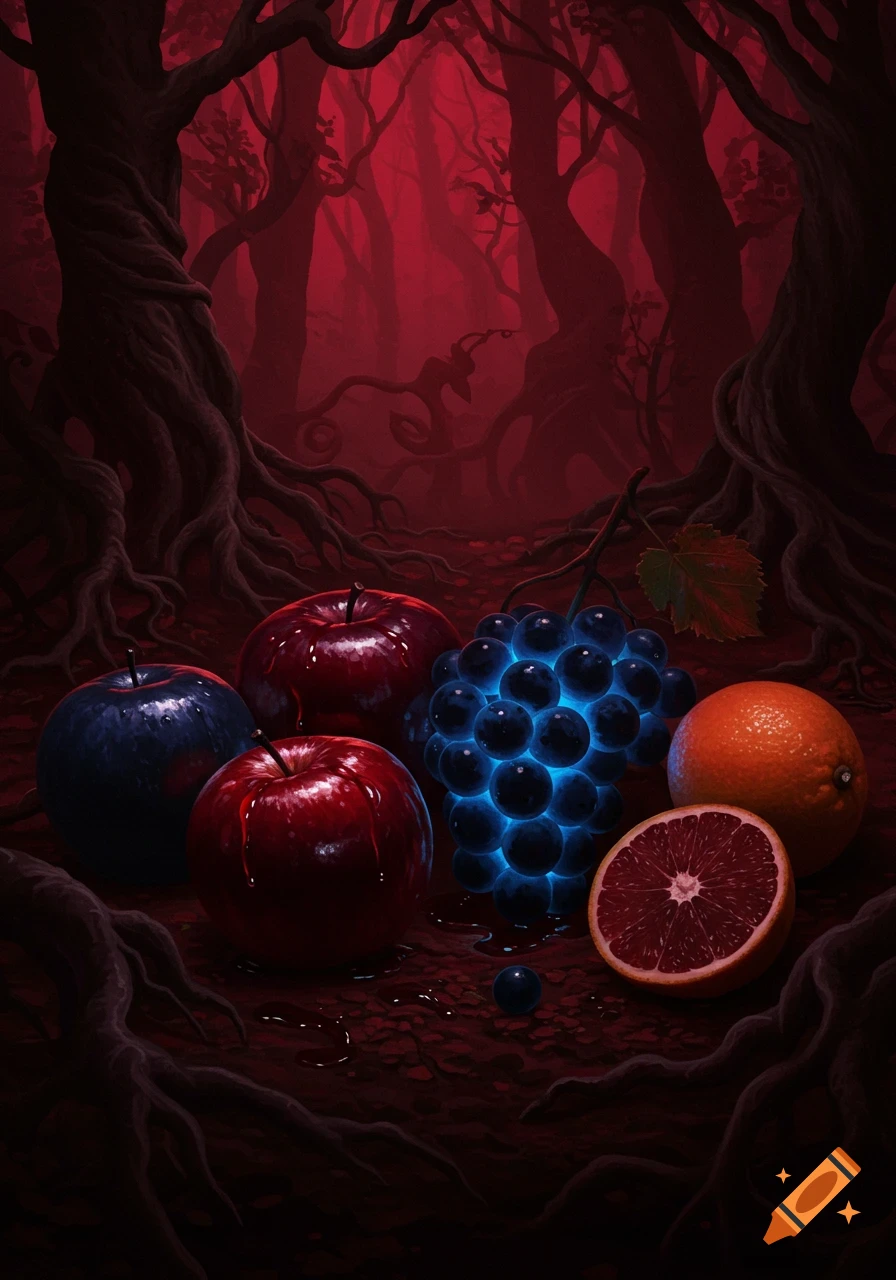 Still life of glowing blue grapes and red apples dripping liquid on gnarled roots in a dark, red forest.