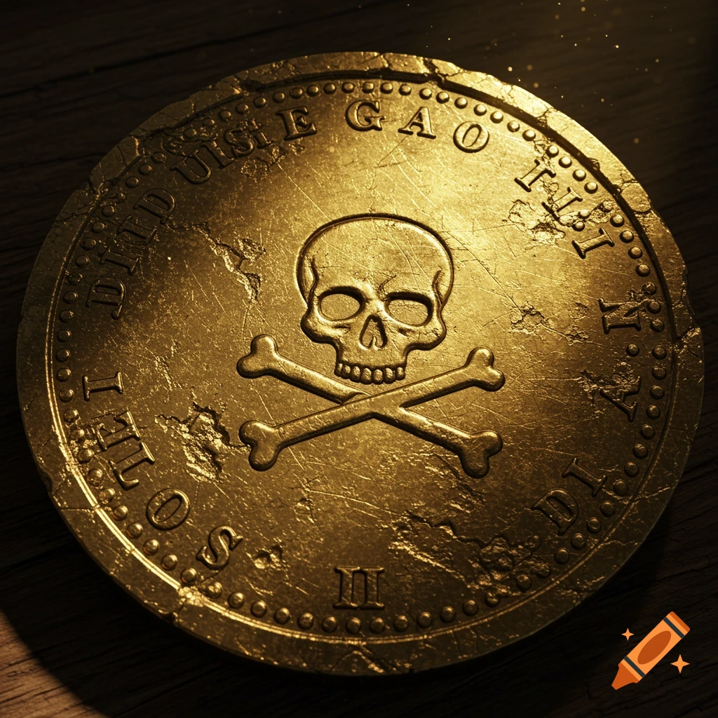 Detailed gold pirate coin with skull and crossbones on a dark wooden surface, illuminated by light.